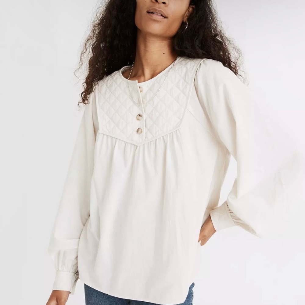 Madewell Cream Cotton Quilted Henley Top